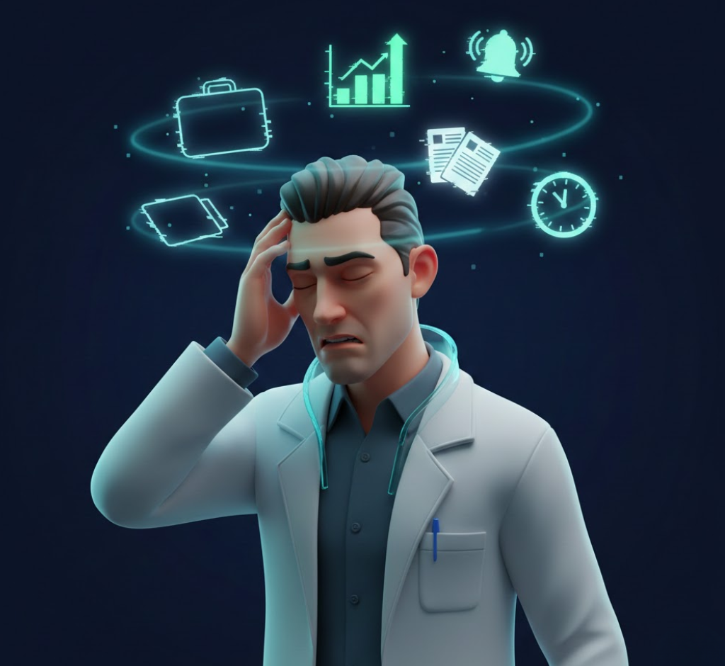 Annoyed doctor overwhelmed by sales noise=